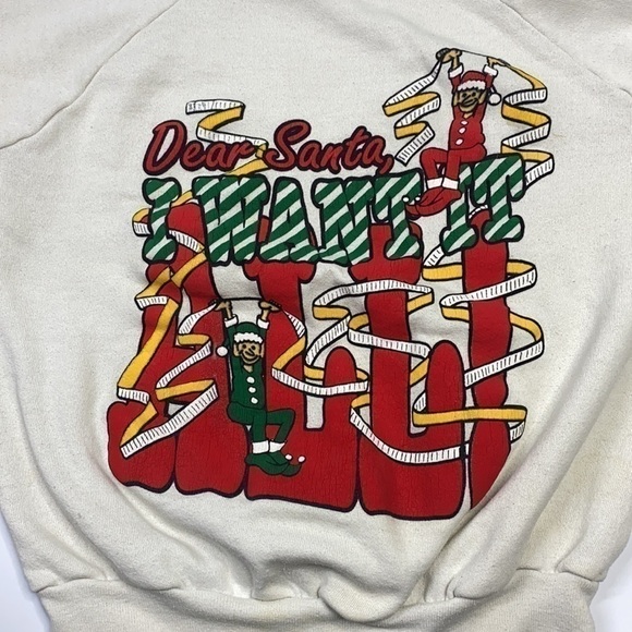 20/20 Sport Vintage Dear Santa I Want It All Raglan Sleeve Elf Sweatshirt - Picture 4 of 8
